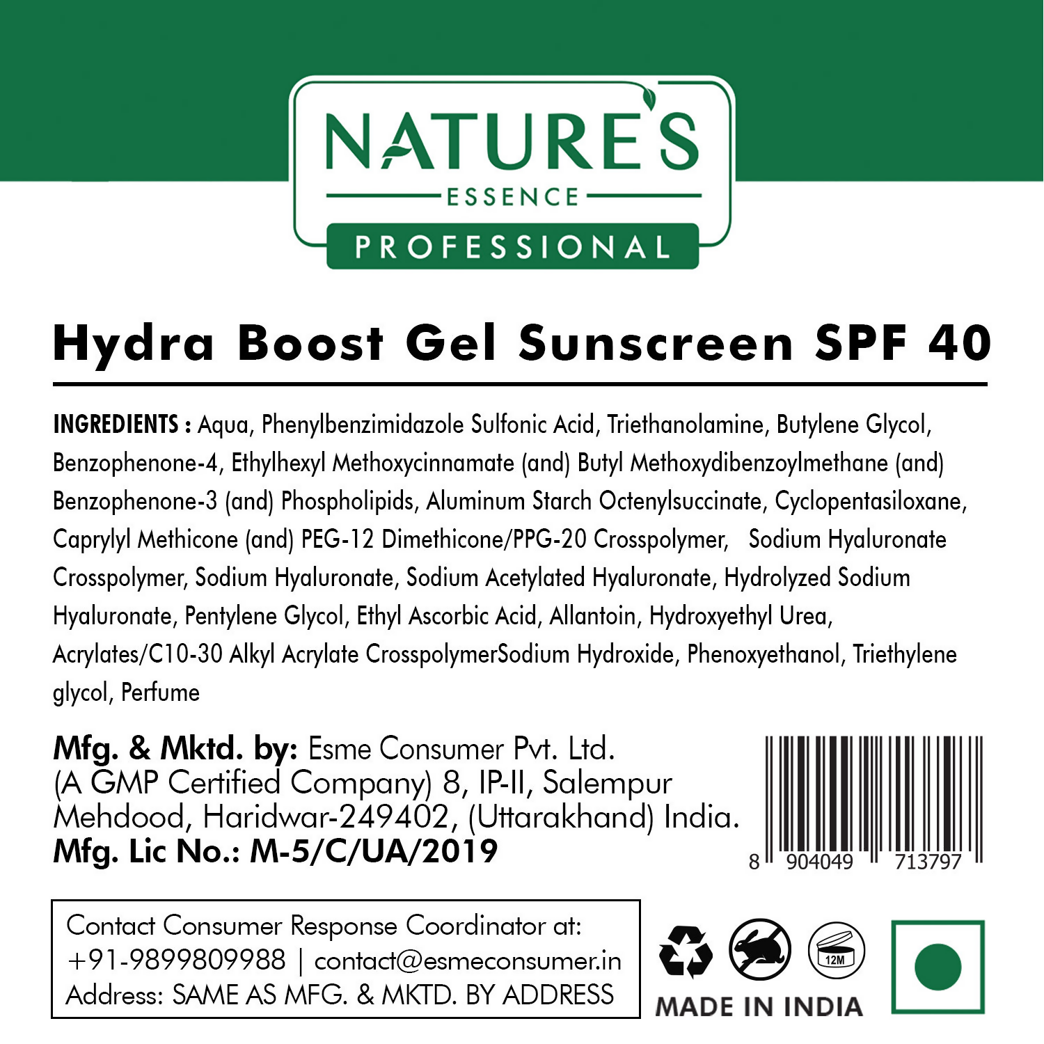 Nature's Essence Professional Hydra Boost Gel SunScreen SPF 40 PA+++
