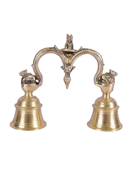 CraftVatika Gold-Toned Brass Hand Held With Nandi Sitting On Top Double Puja Bell