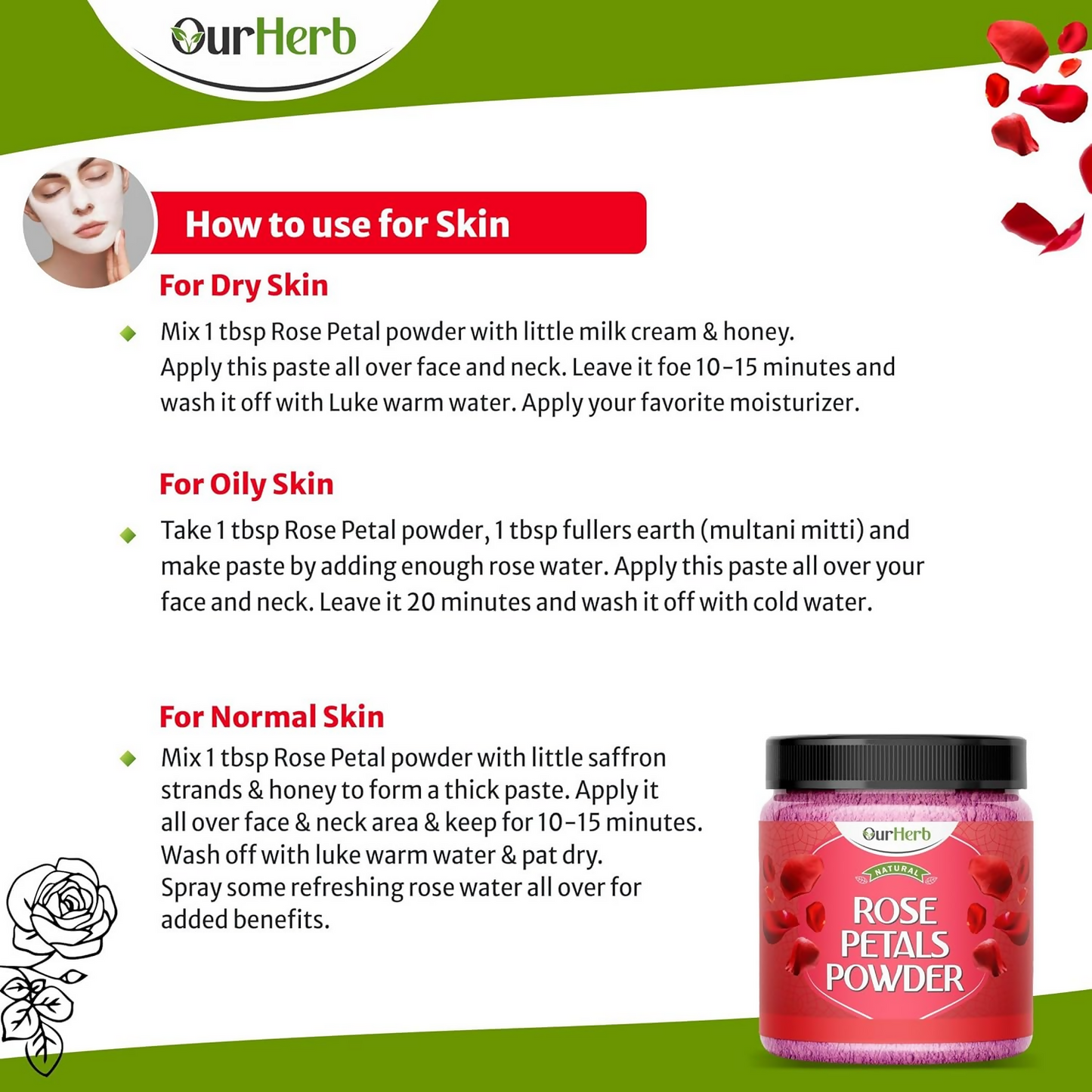 OurHerb Pure & Natural Rose Petal Powder for Skin & Hair With Vitamin Enriched