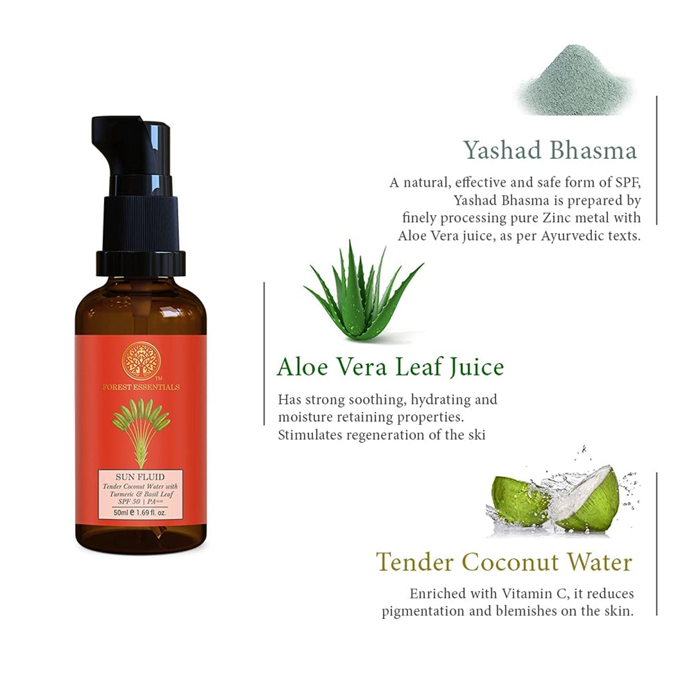 Forest Essentials Sun Fluid Tender Coconut Water with Turmeric & Basil Leaf SPF 50|PA + +