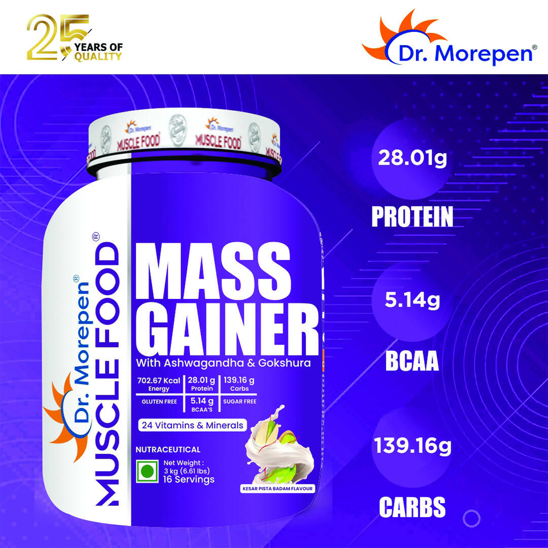 Dr. Morepen Muscle Food Mass Gainer with Ashwagandha & Gokshura - Kesar Pista Badam Flavour