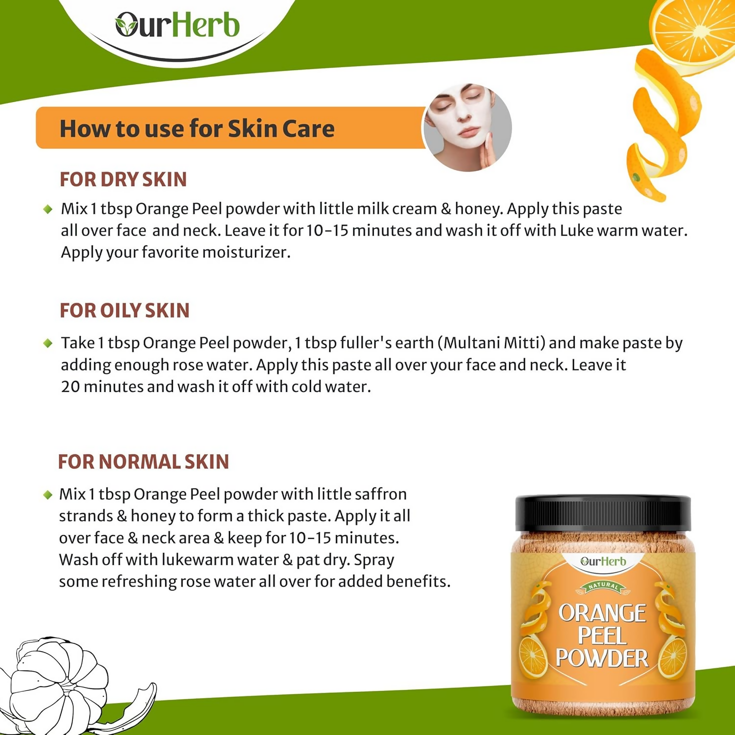 OurHerb Pure & Natural Orange Peel Powder For Face Pack With Vitamin C & Antioxidants