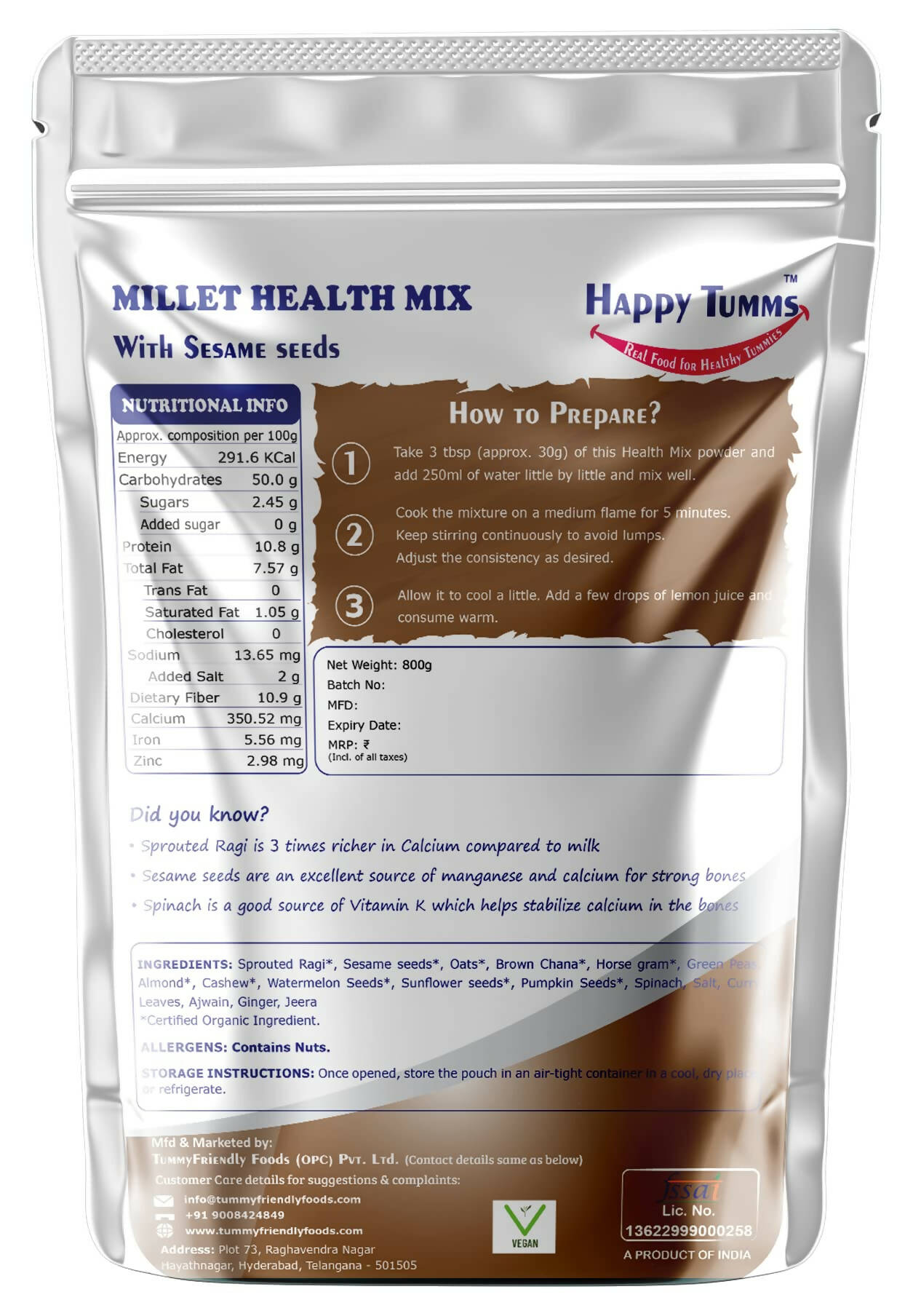 TummyFriendly Foods Organic Millet Health Mix With Sesame Seeds and Curry Leaves - Drmedicart