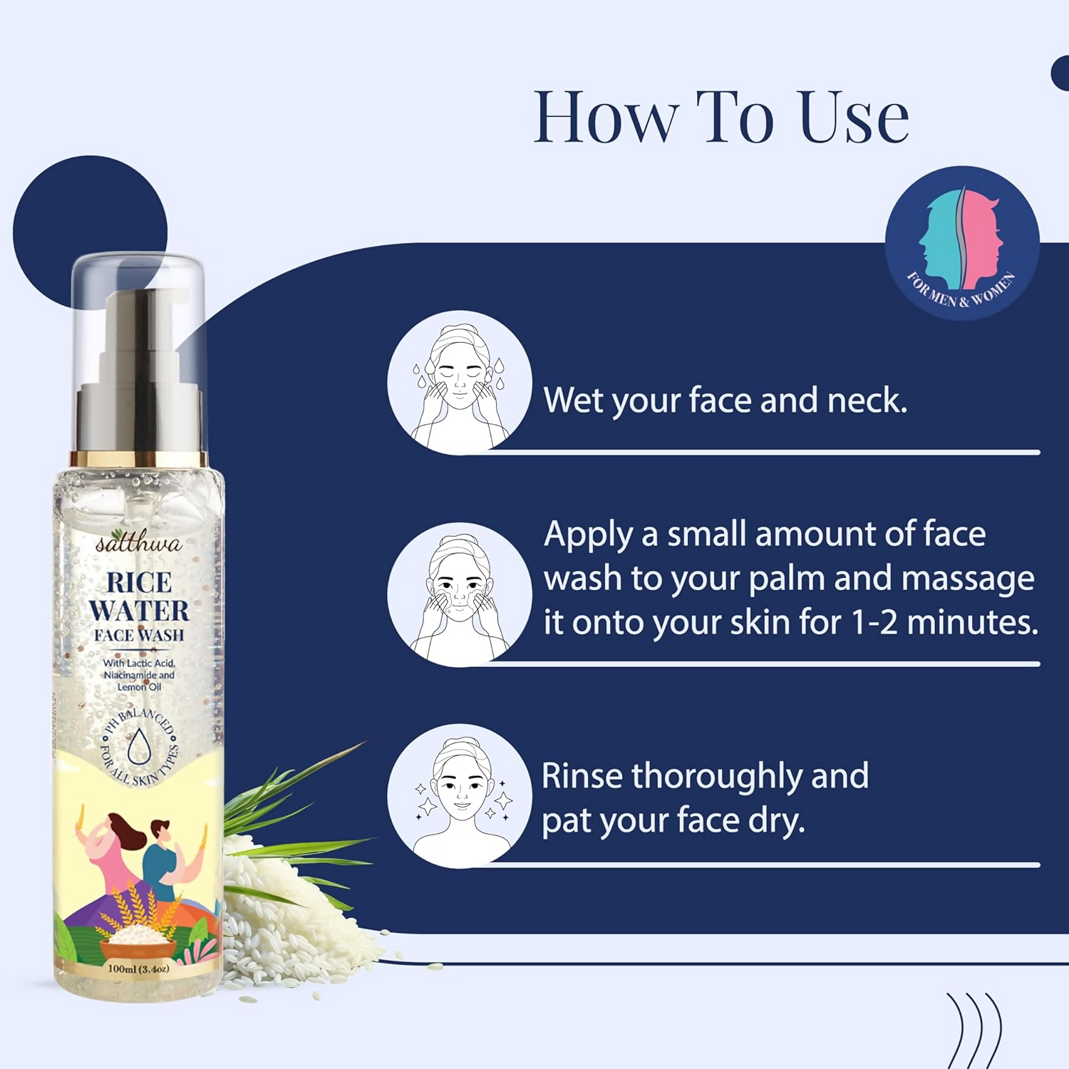 Satthwa Rice Water Face Wash With Niacinamide, Lactic Acid & 1% Salicylic Acid