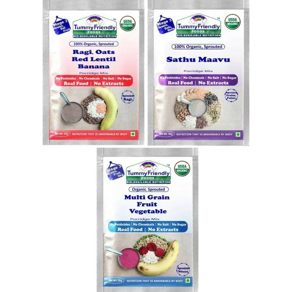 Buy TummyFriendly Foods Certified Stage3 Porridge Mixes Trial Packs - Ragi, Sathu Maavu, MultiGrain for 8 Months Old Baby from DrMediCart, Ship from India to USA