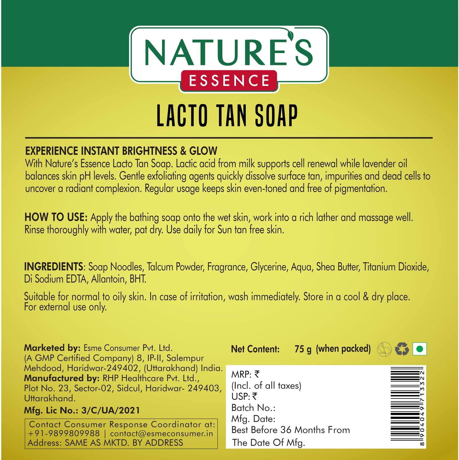 Nature's Essence Caressence Lacto Tan Removal Bathing Soap
