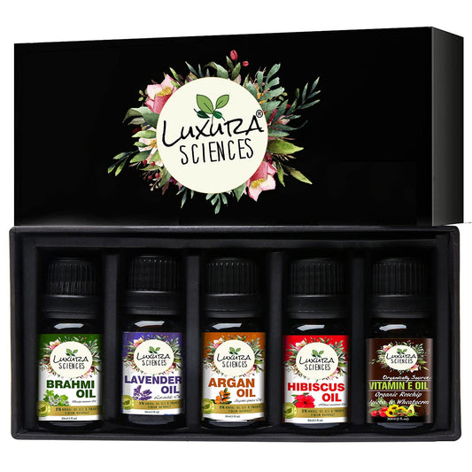 Luxura Sciences Organic Essential Oil - Hibiscus Oil, Brahmi Oil, Argan Oil, Lavender Oil, Vitamin E Oil - DrMediCart