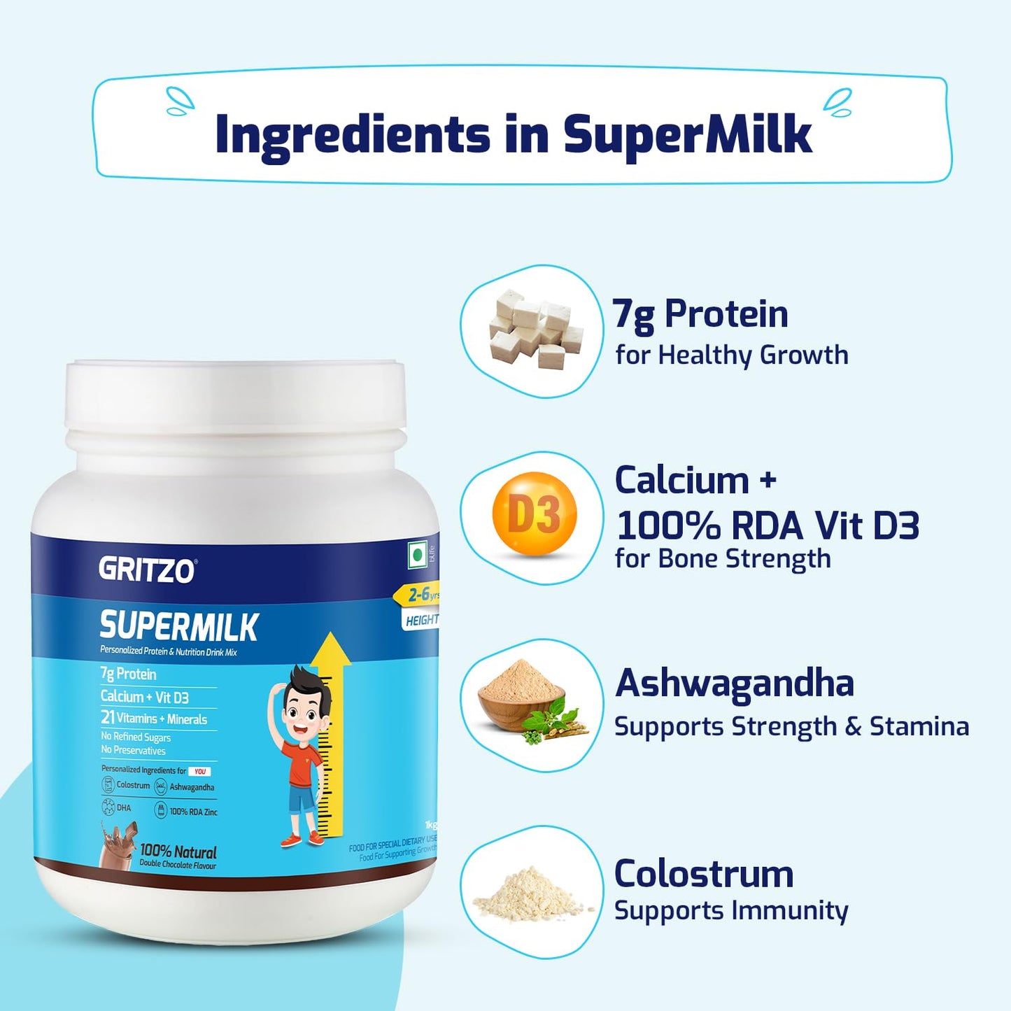 Gritzo Supermilk Height+ For 2-6Y Boys/Girls - Double Chocolate Flavor