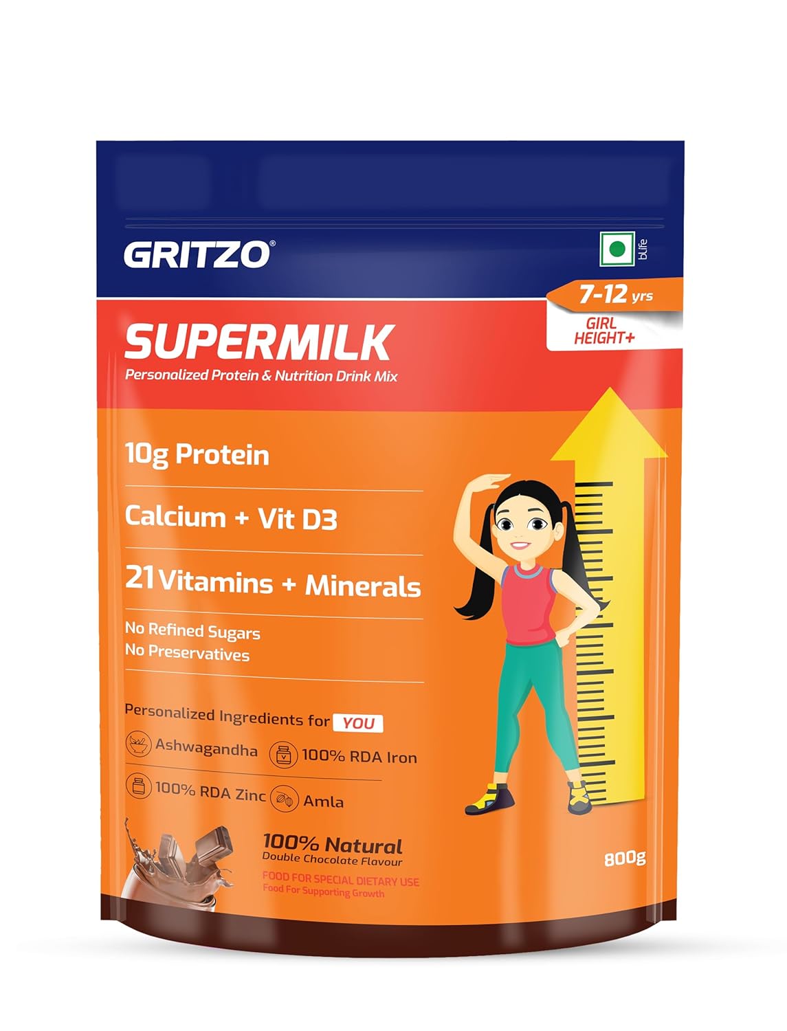 Gritzo SuperMilk Height+ Health Drink for 7-12y Girls - Double Chocolate Flavor