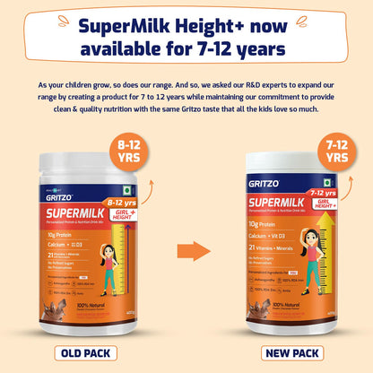 Gritzo SuperMilk Height+ Health Drink for 7-12y Girls - Double Chocolate Flavor