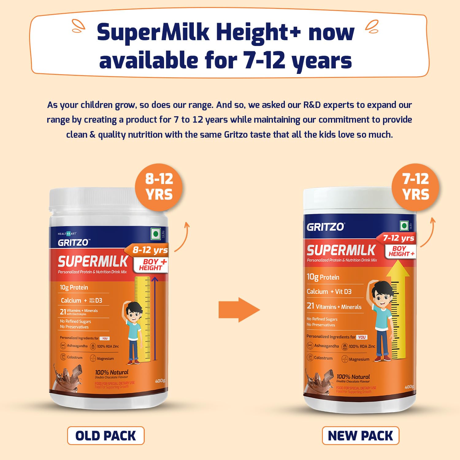 Gritzo SuperMilk Genius+ Health Drink for 7-12 Yr Boys - Double Chocolate