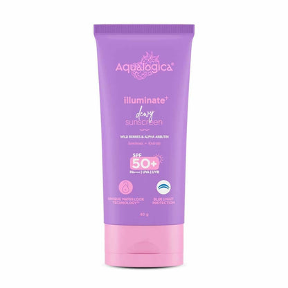 Aqualogica Illuminate+ Dewy Sunscreen SPF 50+ PA++++ with Wild Berries & Alpha Arbutin, Protection Against Uva/B & Blue Light Protection