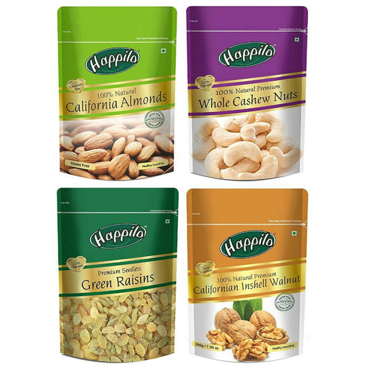 Happilo Premium Californian Almonds, Whole Cashews, Raisins & Walnuts Inshell Combo