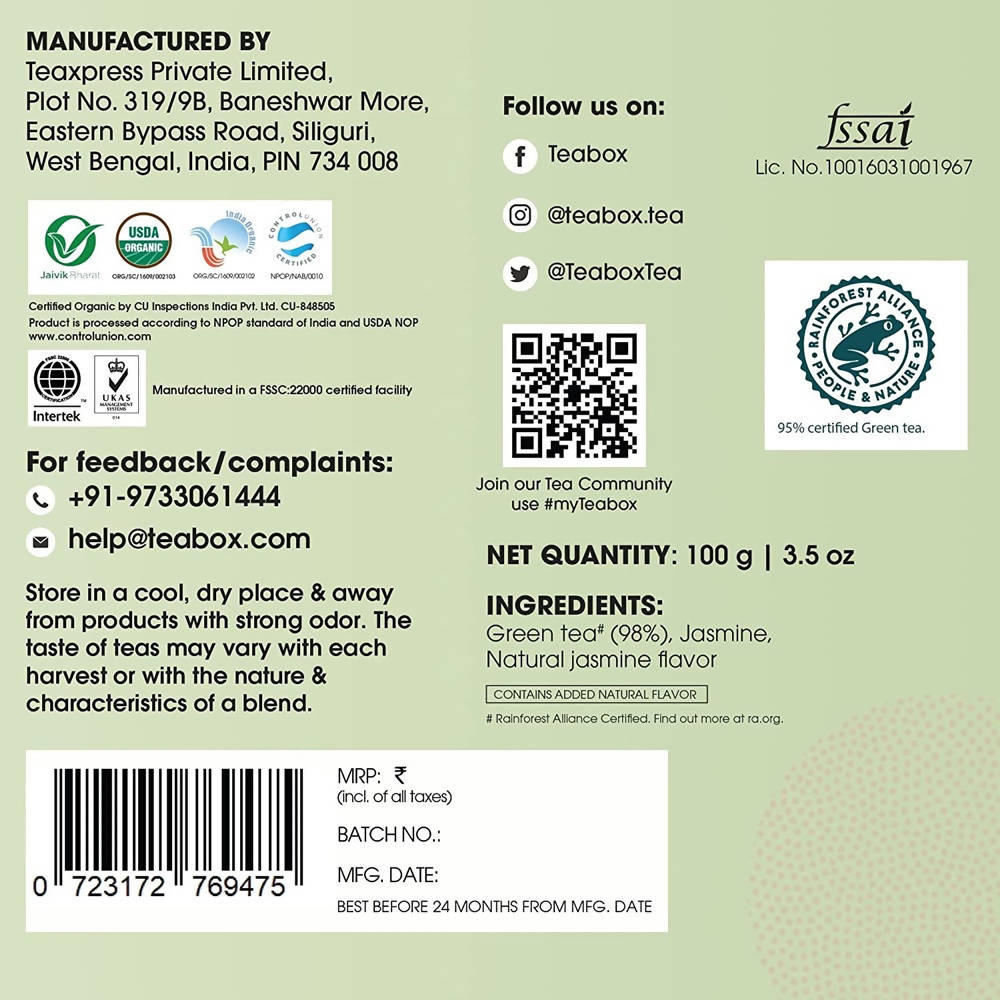Teabox Organic Jasmine Green Tea Loose Leaves - Drmedicart