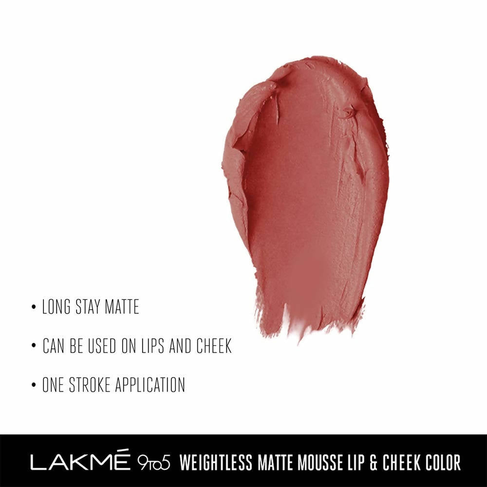 Lakme 9 To 5 Double Duty Lip & Cheek Mousse Matte Lipstick & Soft Blush, Blush Velvet