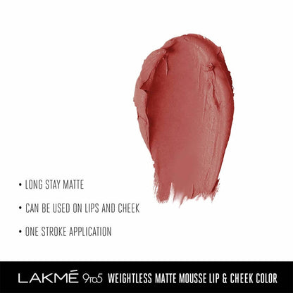 Lakme 9 To 5 Double Duty Lip & Cheek Mousse Matte Lipstick & Soft Blush, Blush Velvet