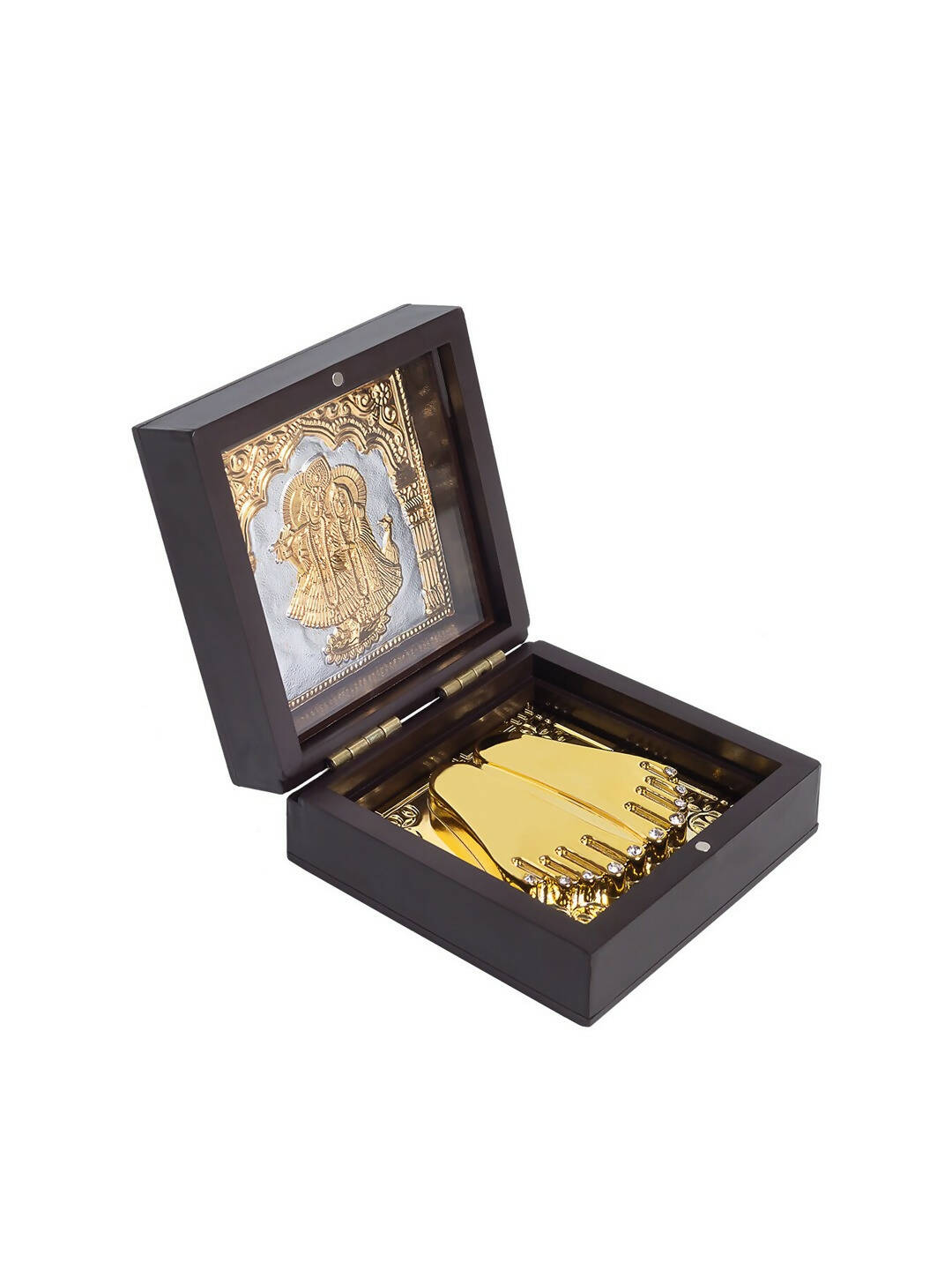 Golden Peacock Black 24 Ct Gold Polished Radha Krishna Wooden Prayer Box