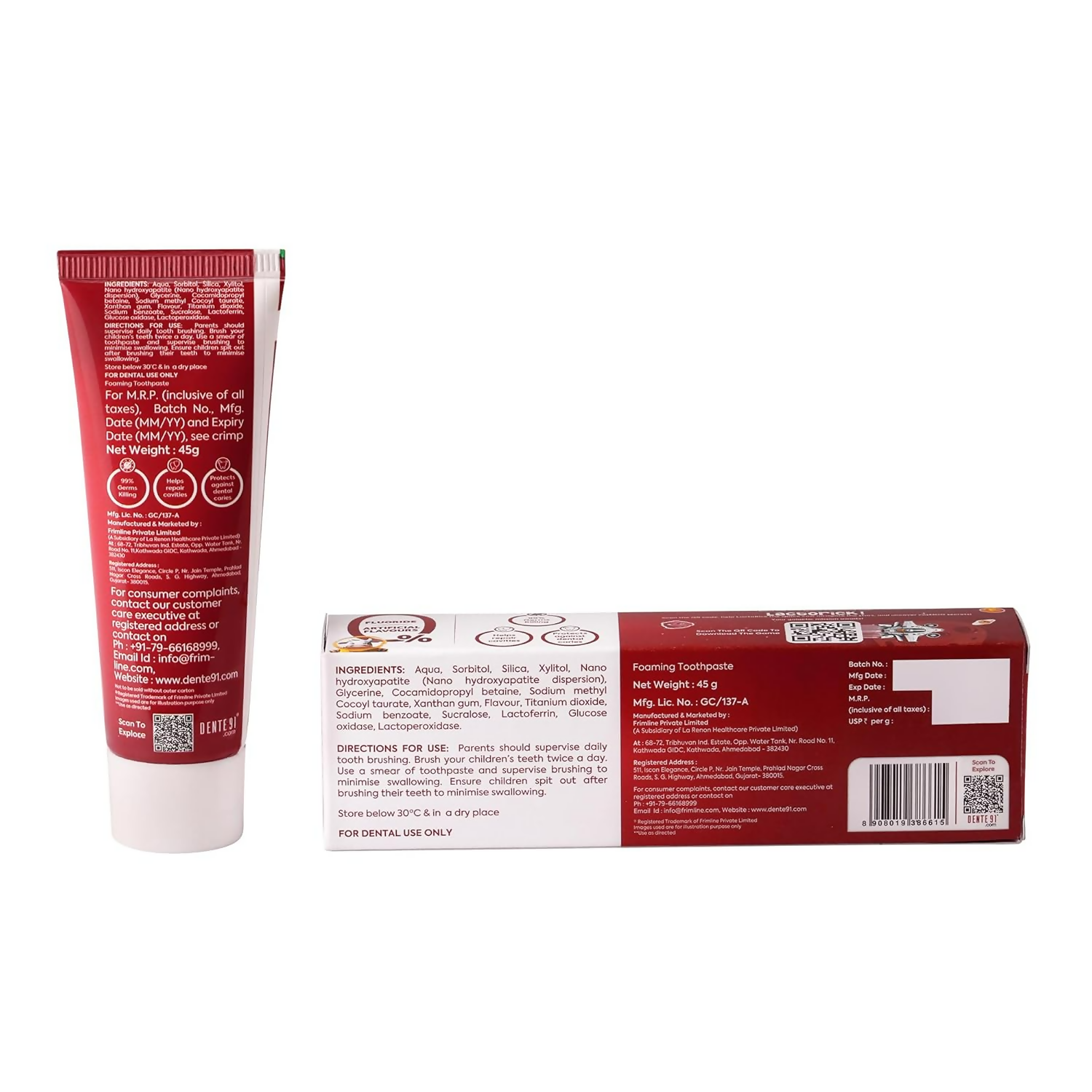 Dente91 Kids Toothpaste Protects Against Dental Caries & Hypersensitivity Fluoride Free Apple Flavour