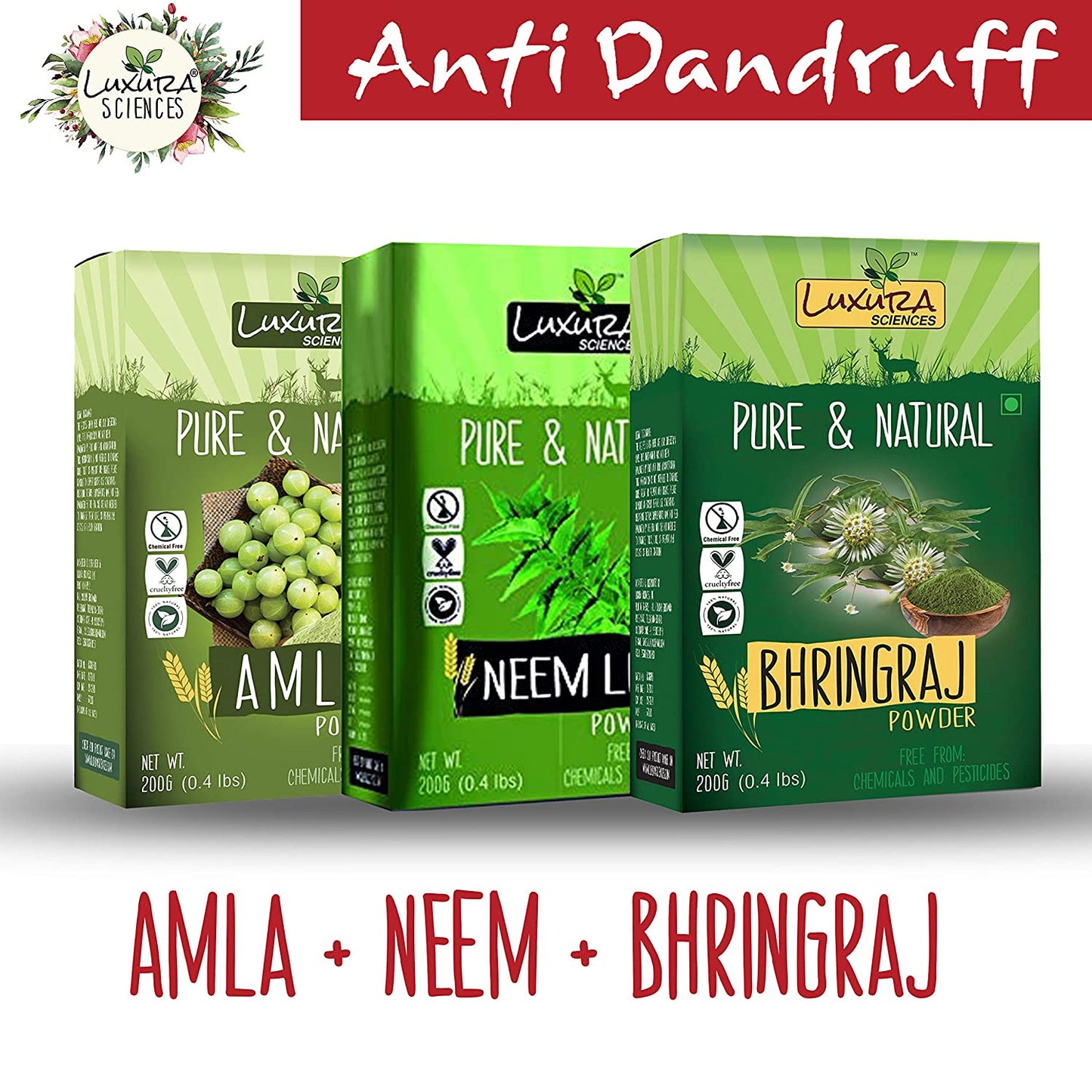 Luxura Sciences Natural Hair Care Set Anti Dandruff - Amla + Neem + Bhringraj - DrMediCart