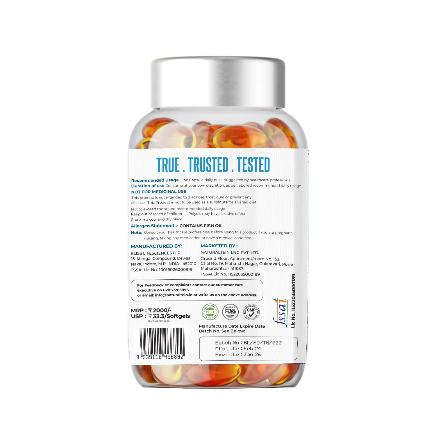 Naturaltein Omega-3 Fish Oil 1250mg Triple Strength Softgels