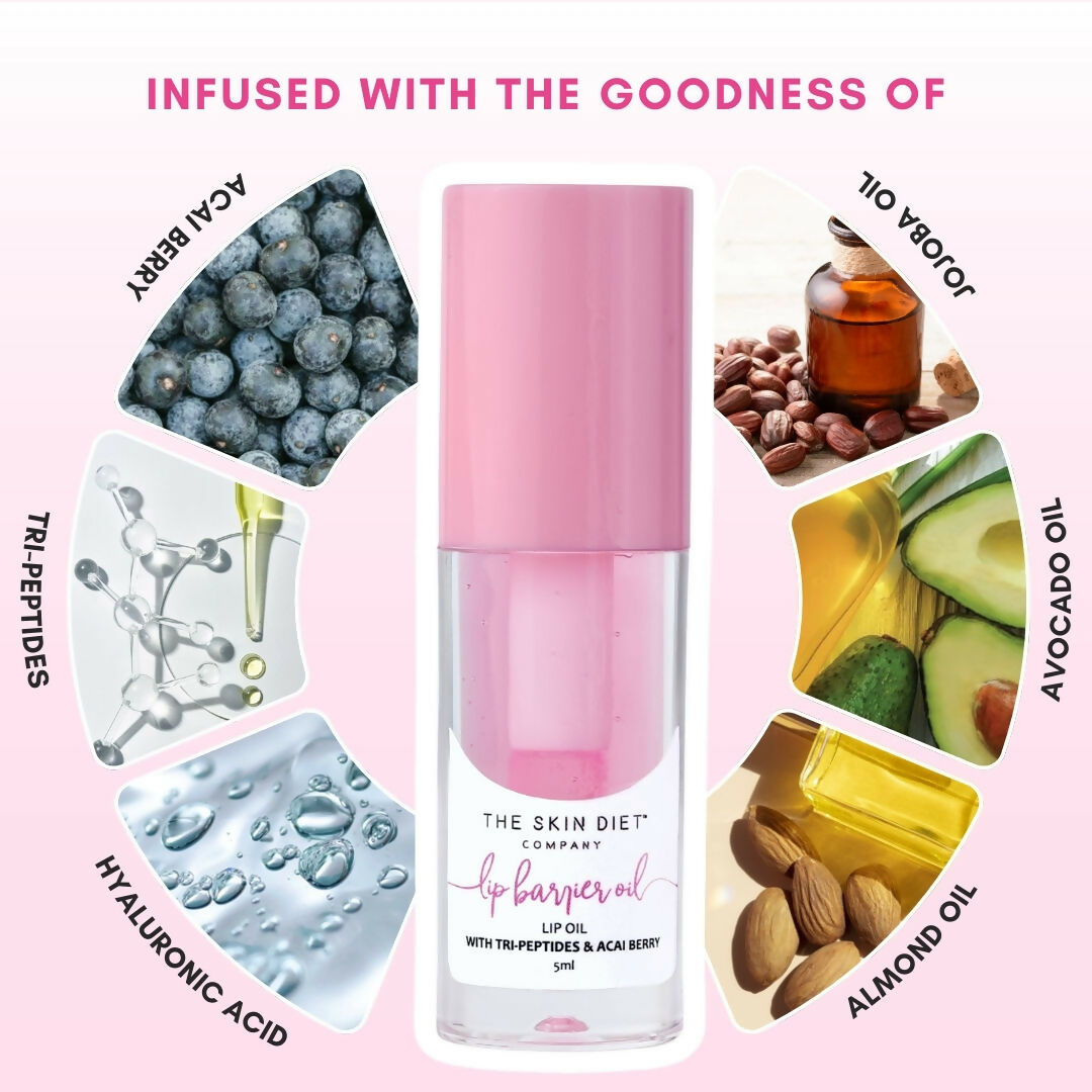 The Skin Diet Company Lip Barrier Oil Clear Gloss with Peptides Hydrates, For Dry & Pigmented Lips