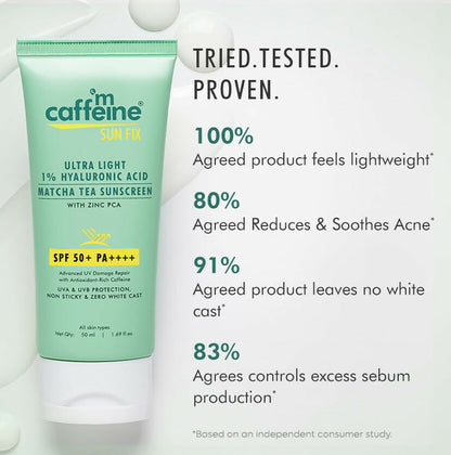 mCaffeine Sun Fix Ultra Light 1% Hyaluronic Acid Matcha Tea Sunscreen SPF 50+ PA++++