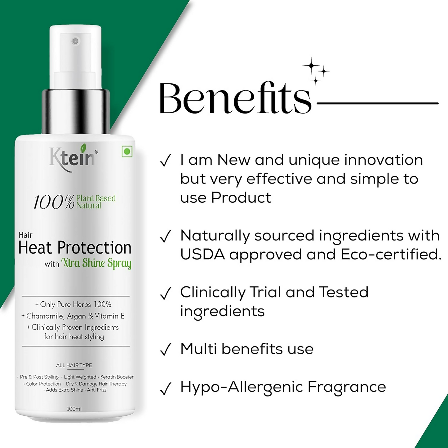 Ktein 100% Plant Based Hair Heat Protection Spray With Extra Shine Chamomile Argan And Vitamin E