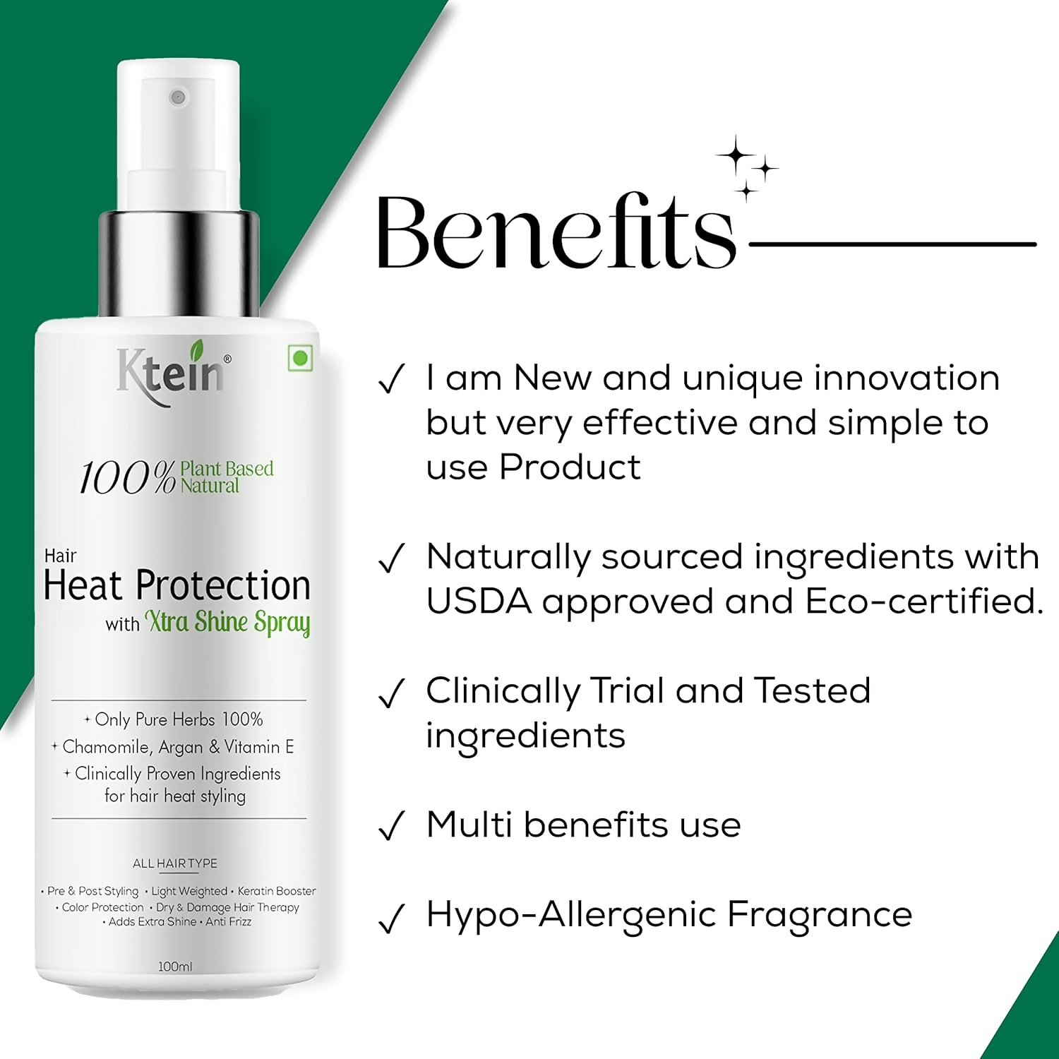 Ktein 100% Plant Based Hair Heat Protection Spray With Extra Shine Chamomile Argan And Vitamin E