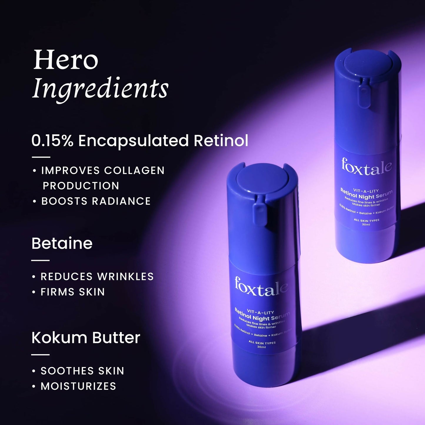 Foxtale 0.15% Beginner Friendly Retinol Night Serum, Anti-Aging, Reduces Fine Lines and Wrinkles, For Younger-looking Skin