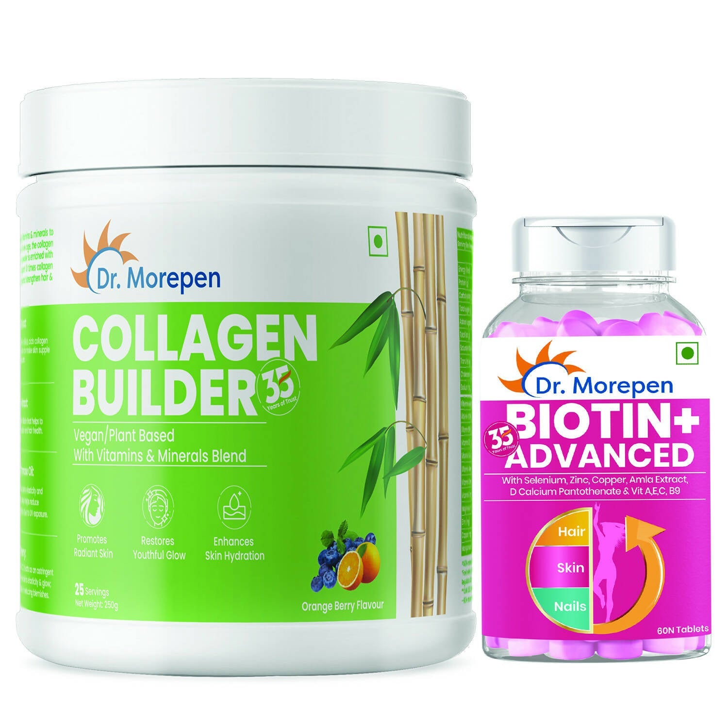 Dr. Morepen Biotin+ Advanced Tablets and Natural Collagen Builder, Orange Berry Flavour Combo