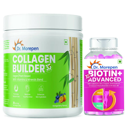 Dr. Morepen Biotin+ Advanced Tablets and Natural Collagen Builder, Orange Berry Flavour Combo