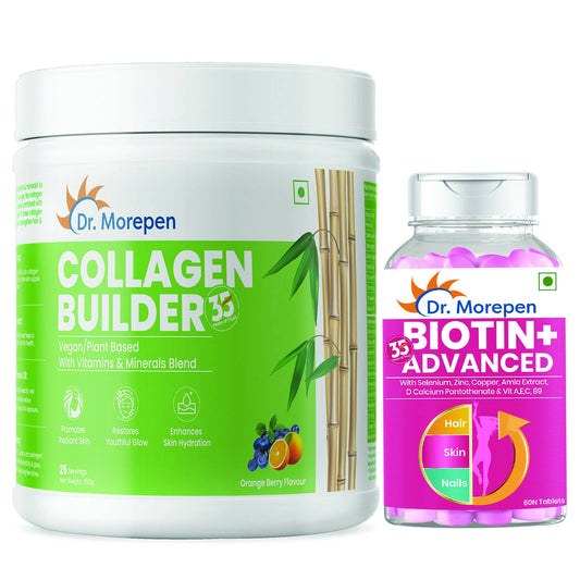 Dr. Morepen Biotin+ Advanced Tablets and Natural Collagen Builder, Orange Berry Flavour Combo