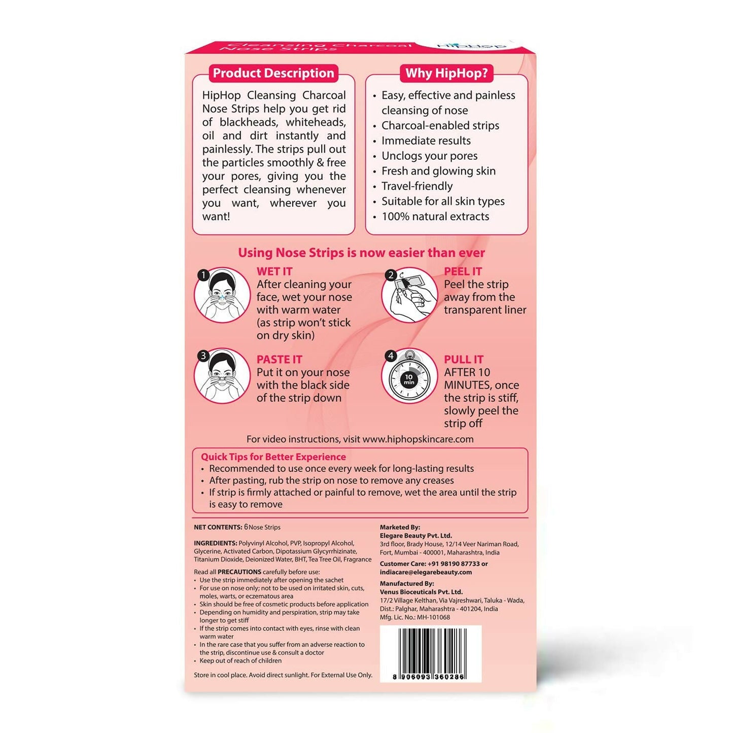 HipHop Skin Care Cleansing Charcoal Nose Strips For Blackheads, Whiteheads Remover, Pore Cleanser, with Natural Extracts