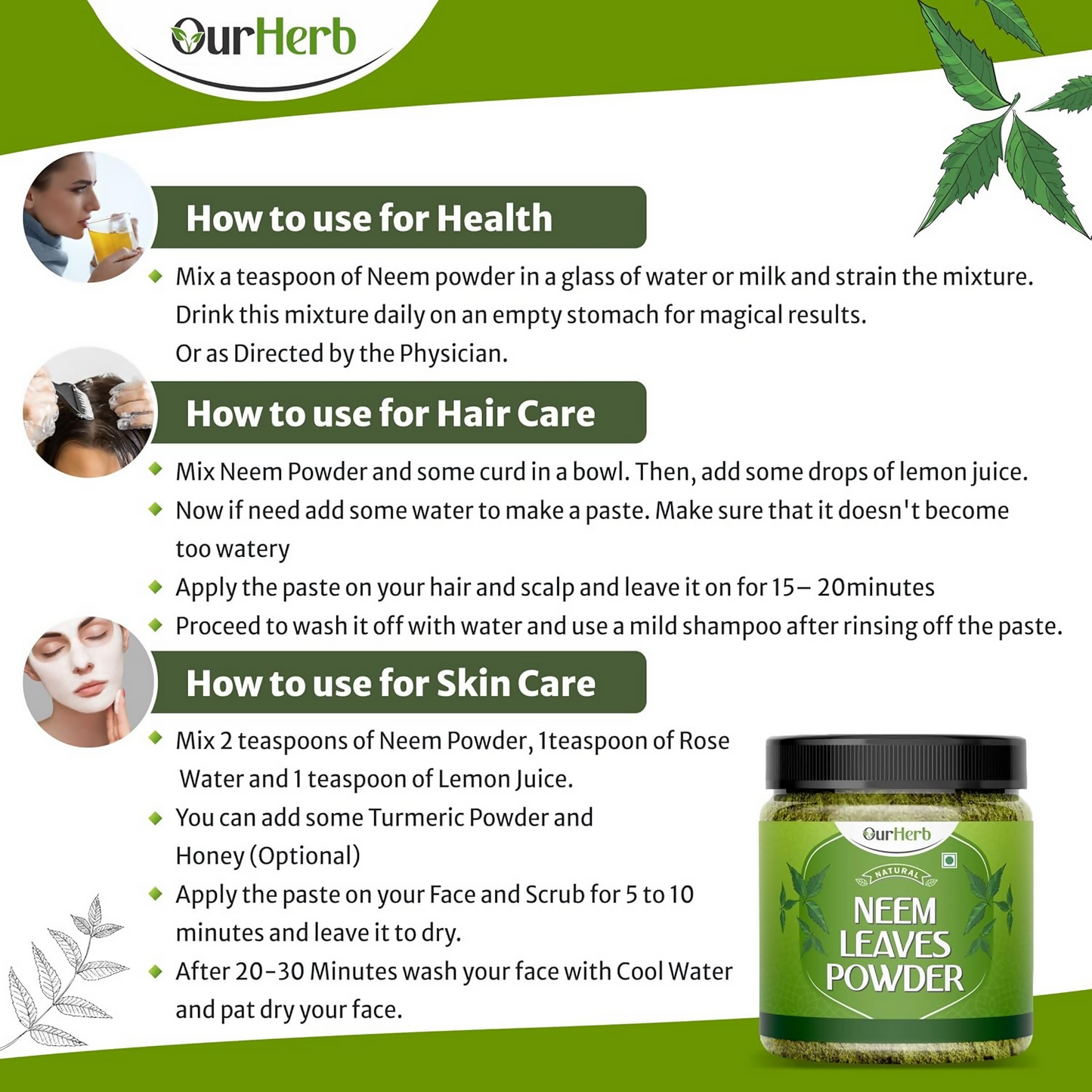 OurHerb Pure Neem Leaves Powder For Face Pack & Hair Care