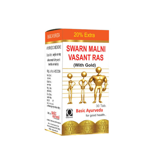 Buy Basic Ayurveda Swarn Malni Vasant Ras (With Gold) Tablets from DrMediCart, Ship from India to USA
