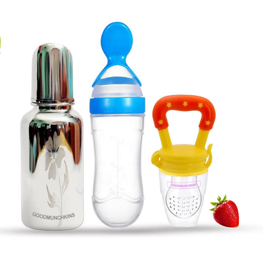 Buy Goodmunchkins Stainless Steel Feeding Bottle, Food Feeder & Fruit Feeder Combo for Baby-(Blue-Yellow, 220ml) from DrMediCart, Ship from India to USA