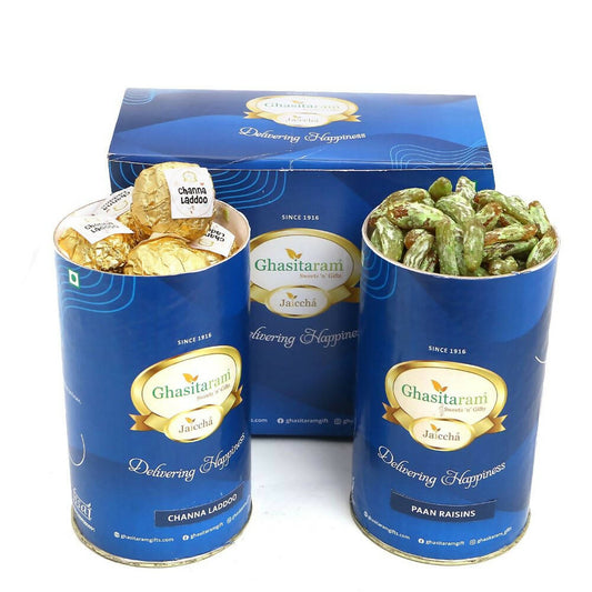 Ghasitaram Channa Laddoo and Paan Raisin Cans