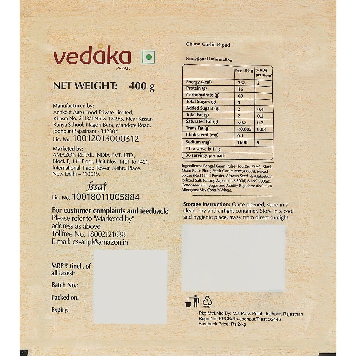 Vedaka Chana Garlic Papad