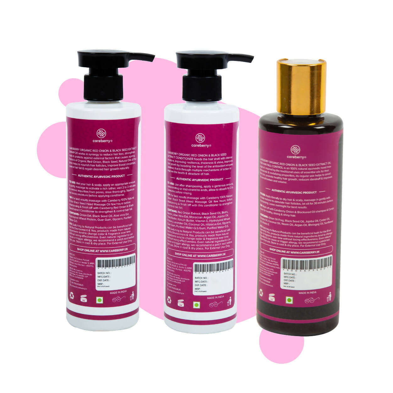 Careberry Organic Red Onion & Black Seed Oil Ultimate Anti Hair Fall Shampoo + Conditioner + Hair Oil - DrMediCart