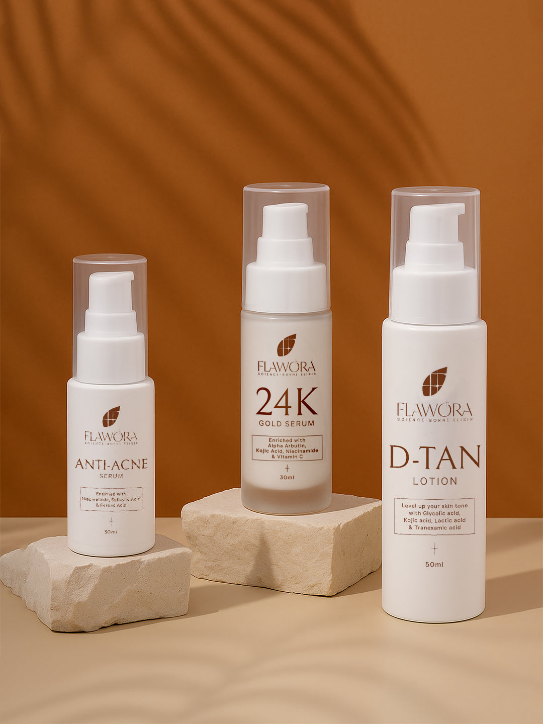 Flawora D-Tan Lotion, Anti Acne Serum And Gold Face Serum Combo