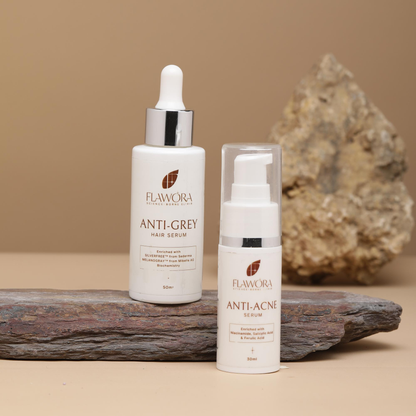 Flawora Anti-Grey Hair Serum For Reversing Grey Hair and Anti Acne Serum to reduce Blackheads and Open Pores