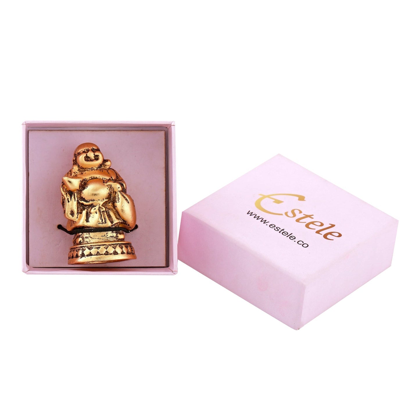 Estele Gold-Polished Laughing Buddha standing statue with Potli showpiece for Perfect Home and Office DÃ©cor