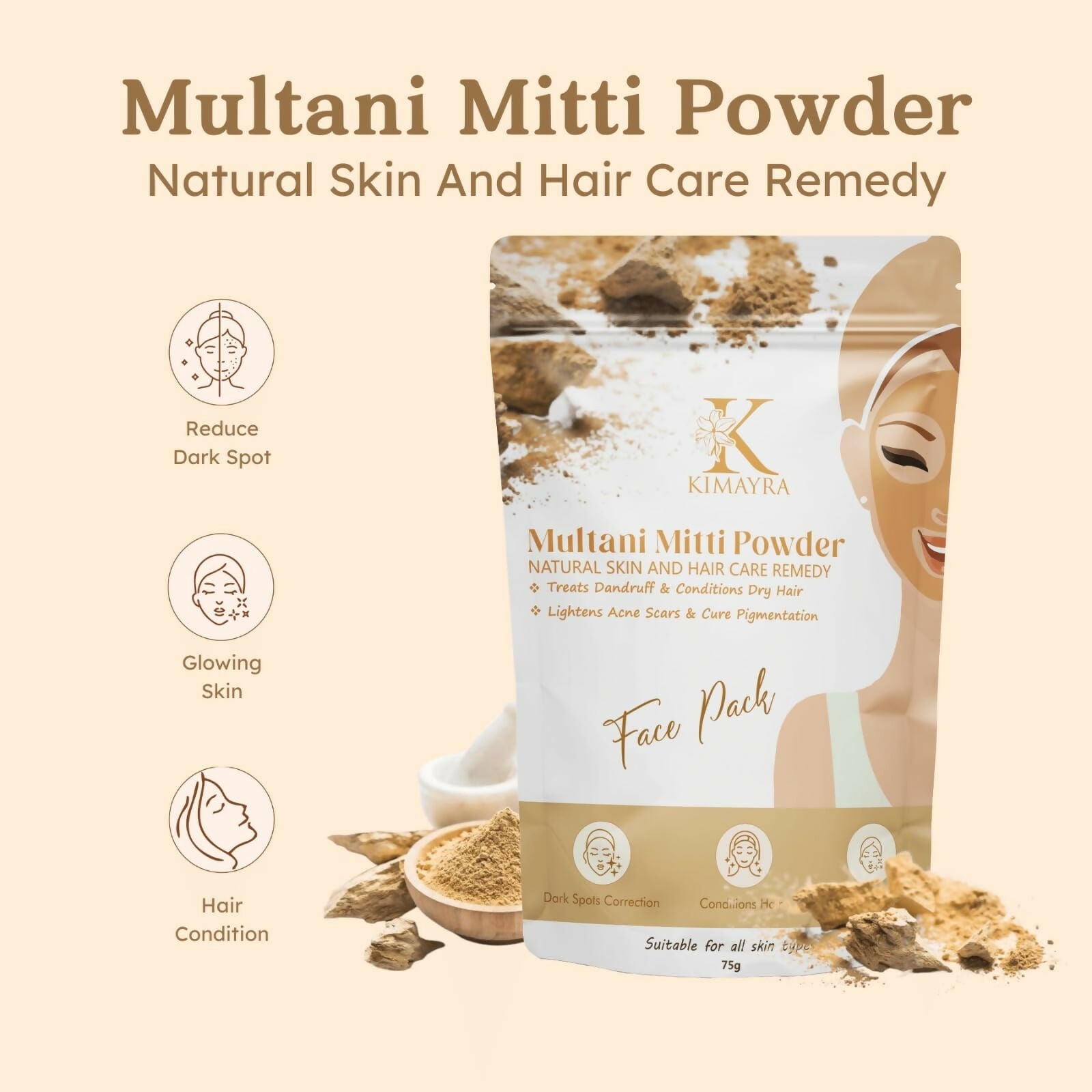 Kimayra Multani Mitti Natural Skin & Hair Care Pack - Reduce Pigmentation