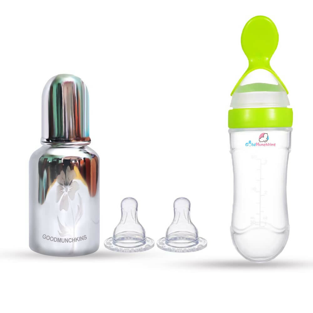 Goodmunchkins Stainless Steel Feeding Bottle & Spoon Food Feeder Anti Colic Silicone Nipple Combo-(Green,150ml)
