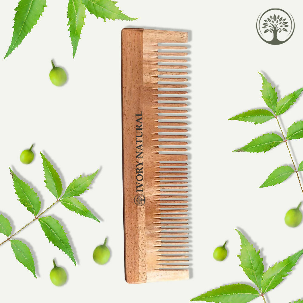 Ivory Natural Dual Tooth Kacchi Neem Comb Infused With Organic Oil For Gentle Detangling And Straightning Hair