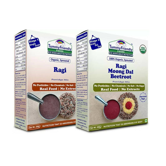 Buy TummyFriendly Foods Organic Sprouted Ragi and Organic Sprouted Ragi, Moong Dal, Beetroot Porridge Mixes Combo from DrMediCart, Ship from India to USA