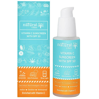 Buy Natural Vibes Vitamin C Sunscreen SPF 50 + - UVA/UVB rays, Blue Light & Pollution Protection from DrMediCart, Ship from India to USA