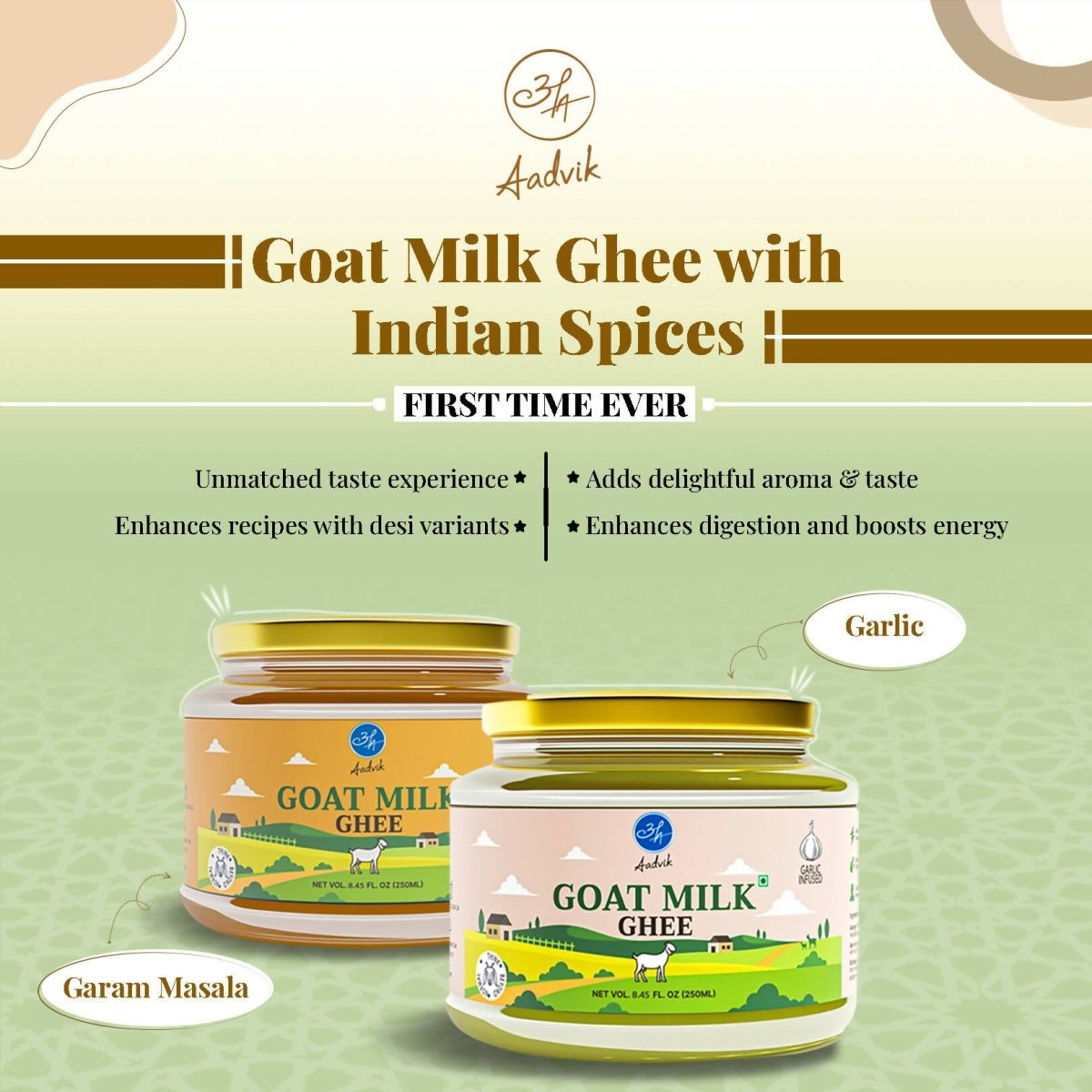 Aadvik A2 Goat Milk Ghee Infused with Garlic | Made From Grass Fed Goat Milk | Pure Organic Ghee