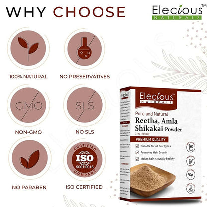 Elecious Naturals Amla, Reetha, Shikakai 3-in-1 Powder For Hair Cleanser