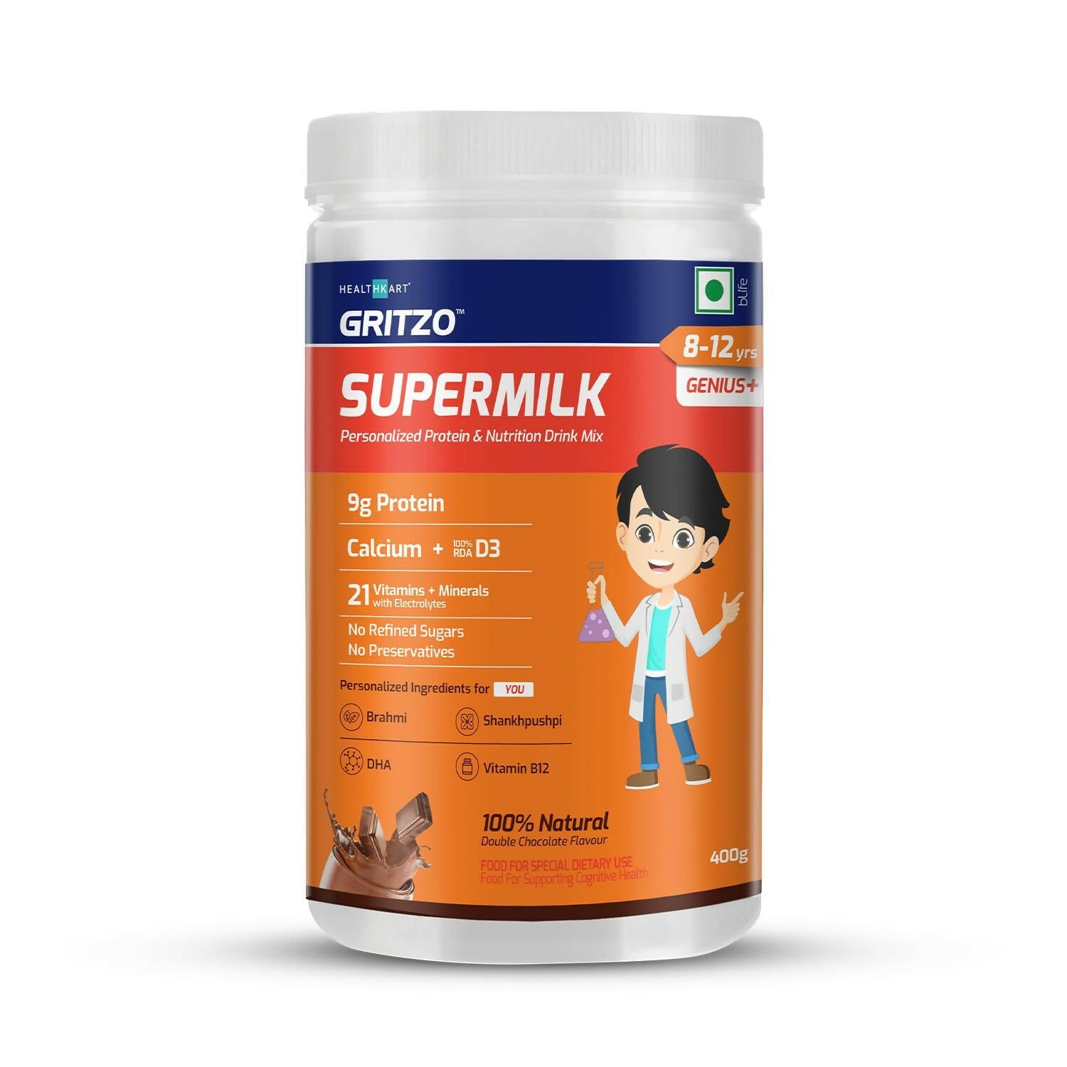 Gritzo SuperMilk Genius+ Health Drink for 7-12 Yr Boys - Double Chocolate